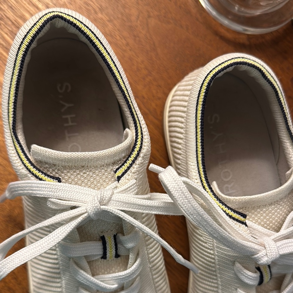 Rothy's Cream Knit Lace-Up Sneakers with Subtle Black & Yellow Trim - Picture 3 of 7